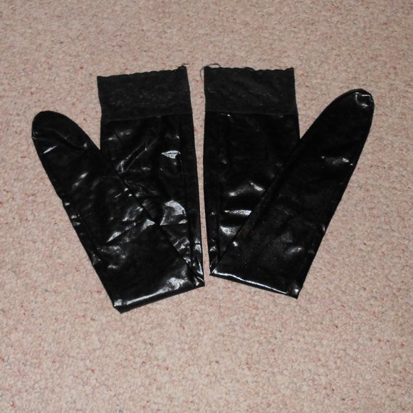 Black Wet Look Stay Up Lace Top Thigh High Stocking New - Picture 2 of 2